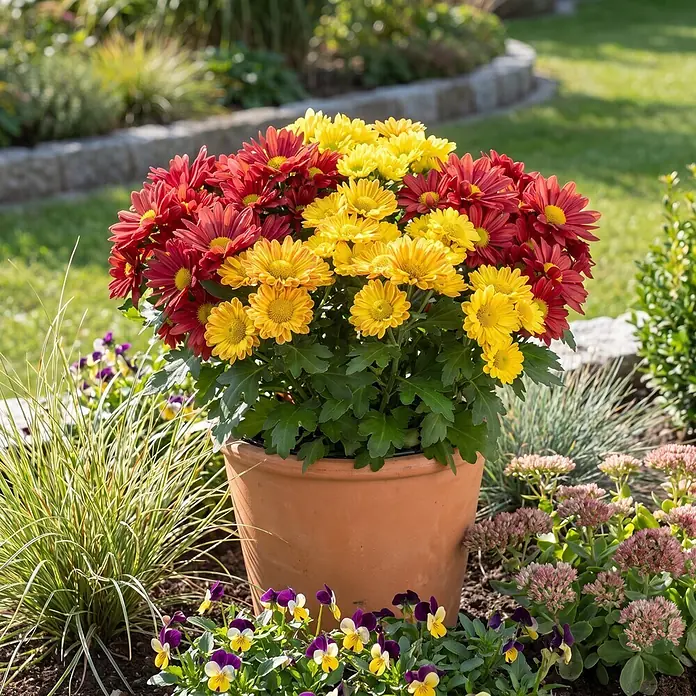 Piardino Herbst-Chrysantheme - Dendranthema indicum 'Swifty' (syn. Chrysanthemum indicum), Topfgröße: 17 cm, Sortenabhängig - Ein Terrakotta-Topf mit leuchtend roten und gelben Chrysanthemen, in einem sonnigen Garten zwischen anderen Pflanzen.