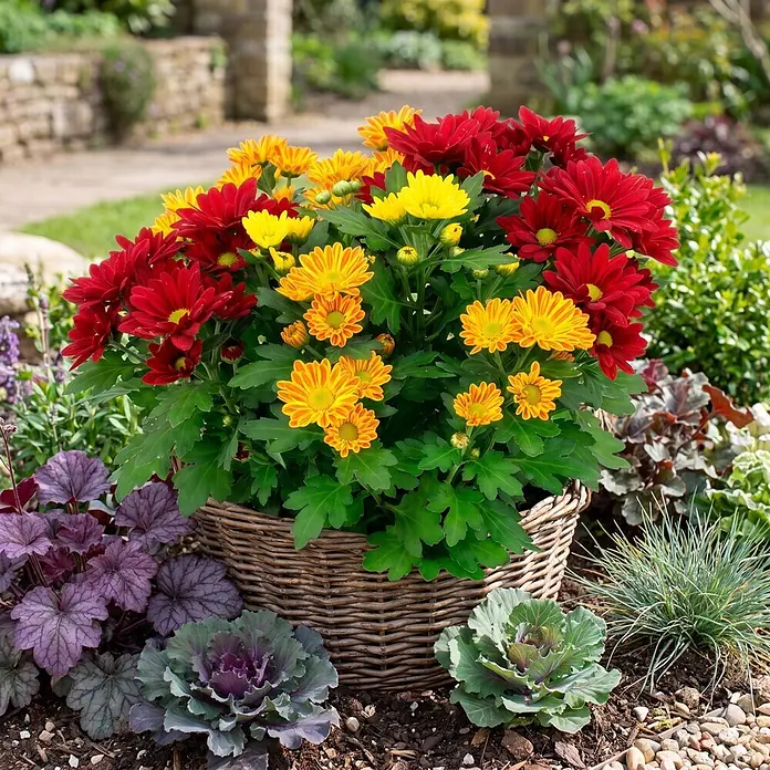 Piardino Herbst-Chrysantheme - Dendranthema indicum 'Swifty' (syn. Chrysanthemum indicum), Topfgröße: 17 cm, Sortenabhängig - Weidenkorb gefüllt mit leuchtend roten, gelben und orangefarbenen Chrysanthemenblüten, im Garten platziert.