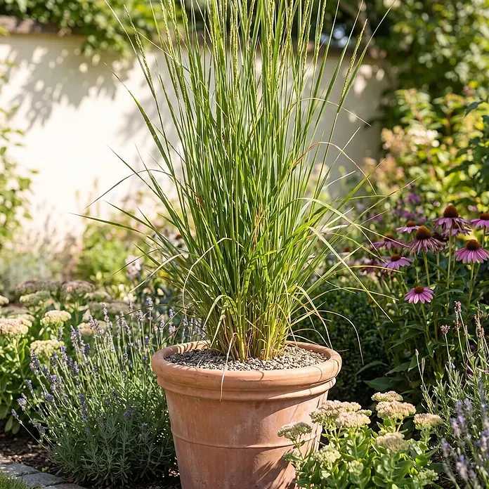 Piardino Ziergras Ruten-Hirse - Panicum virgatum 'Northwind', Topfgröße: 10 cm - Ein hohes grünes Ziergras in einem Terrakottatopf, in einem sonnigen Garten mit Lavendel und Sonnenhüten.