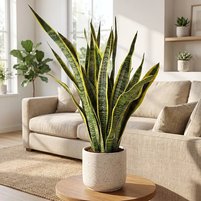 Piardino Bogenhanf - Sansevieria trifasciata, Topfgröße: 21 cm, Gelb-Grün - Eine lebhafte Bogenhanf-Pflanze in einem gesprenkelten Topf steht auf einem Holztisch in einem hellen Wohnzimmer.