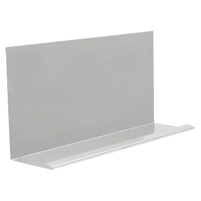Sarei Winkelblech - Wasserfalz, Zuschnittbreite: 250 mm, Länge: 2.000 mm, Aluminium - Nahaufnahme eines Acrylregals, das eine klare Ablagefläche und eine grau-matte Rückwand für eine elegante Präsentation bietet.