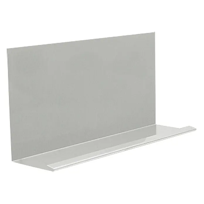 Sarei Winkelblech - Wasserfalz, Zuschnittbreite: 250 mm, Länge: 2.000 mm, Aluminium - Nahaufnahme eines Acrylregals, das eine klare Ablagefläche und eine grau-matte Rückwand für eine elegante Präsentation bietet.