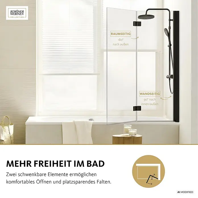 SCHÖNER WOHNEN-Kollektion Badewannenaufsatz Elara 2-teilig Faltbar 100 x 140 Mattschwarz - B x H: 100 x 140 cm, Mattschwarz