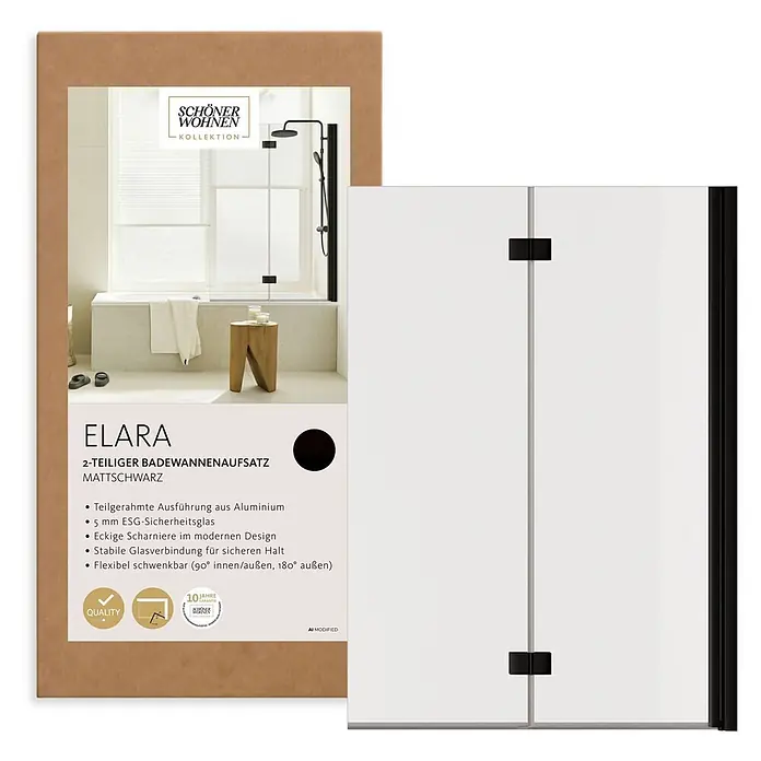 SCHÖNER WOHNEN-Kollektion Badewannenaufsatz Elara 2-teilig Faltbar 100 x 140 Mattschwarz - B x H: 100 x 140 cm, Mattschwarz