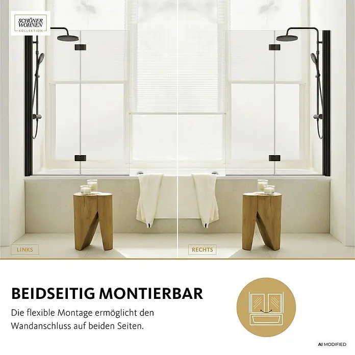 SCHÖNER WOHNEN-Kollektion Badewannenaufsatz Elara 2-teilig Faltbar 100 x 140 Mattschwarz - B x H: 100 x 140 cm, Mattschwarz