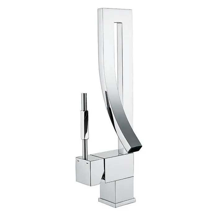 Hudor Waschtischarmatur Enipée 005 - Hochglänzend - Moderner Chrom-Wasserhahn mit hoher, rechteckiger Rückwand, gebogenem Auslauf und separatem Bedienhebel.