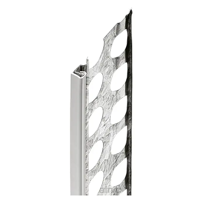 Catnic Putzabschlussprofil - Länge: 250 cm, Passend für: 10 mm Putzstärke, Stahl, Mit PVC-Kante - Ein Bild von Kantenschutzprofil aus Metall mit Löchern. Das Profil ist weiß und dient zum Schutz von Kanten.