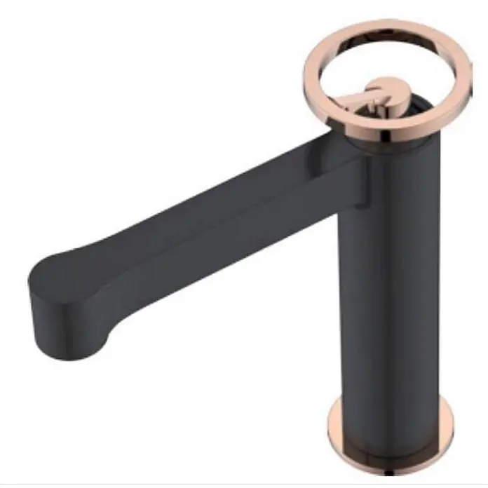 Hudor Waschtischarmatur Pénée 029 - Matt - Mattschwarzer Wasserhahn mit einem kreisförmigen Griff und Sockel in Roségold und flachem Auslauf.
