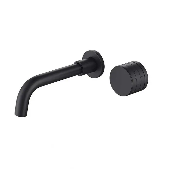 Hudor Waschtischarmatur Céphise 7093 - Matt - Mattschwarzer wandmontierter Wasserhahn mit gebogenem Auslauf und separatem zylindrischen Bedienknopf.
