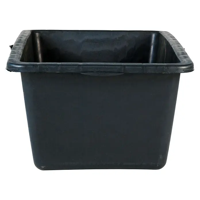 Probau Mörtelkasten 90 - Fassungsvermögen: 90 l - Nahaufnahme einer viereckigen, schwarzen Mörtelwanne. Das robuste Behältnis ist ideal für Bauarbeiten und Gartenprojekte geeignet.