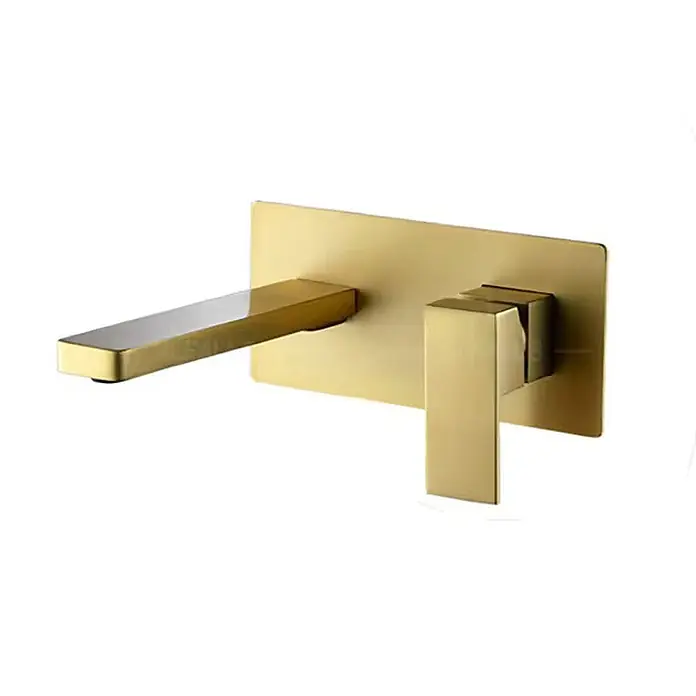 Hudor Waschtischarmatur Scamandre 7291 - Seidenmatt - Wandmontierter Badarmatur in gebürstetem Gold mit flachem Auslauf und rechteckigem Hebelgriff.
