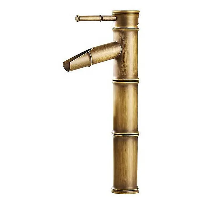 Hudor Waschtischarmatur Artémis 7833 - Seidenmatt - Hoher Wasserhahn im Bambus-Stil aus antikem Messing mit Einhebelmischer und Wasserfallauslauf.