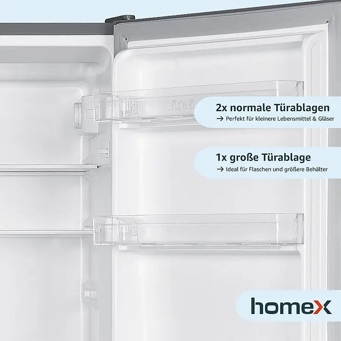 homeX Kühl-Gefrierkombination CFS1110-S - Nutzinhalt Gesamt: 173 l, 56 cm x 495 mm x 1.425 mm, Silber - Kühlschranktür innen mit zwei normalen und einer großen transparenten Türablage, ideal für Flaschen, Gläser und kleinere Lebensmittel.