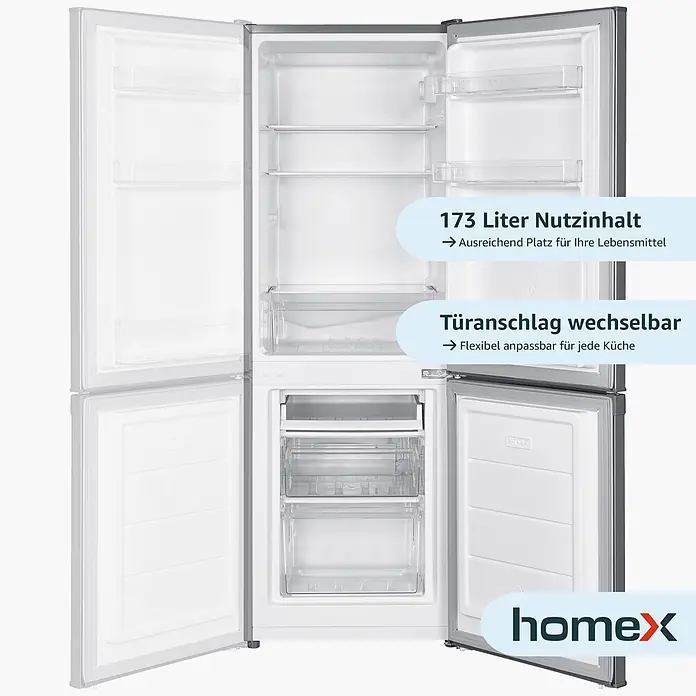 homeX Kühl-Gefrierkombination CFS1110-S - Nutzinhalt Gesamt: 173 l, 56 cm x 495 mm x 1.425 mm, Silber - Silberner Kühlschrank mit geöffneten Türen, zeigt weiße Innenfächer und Gefrierschubladen. 173L Nutzinhalt, Türanschlag wechselbar.