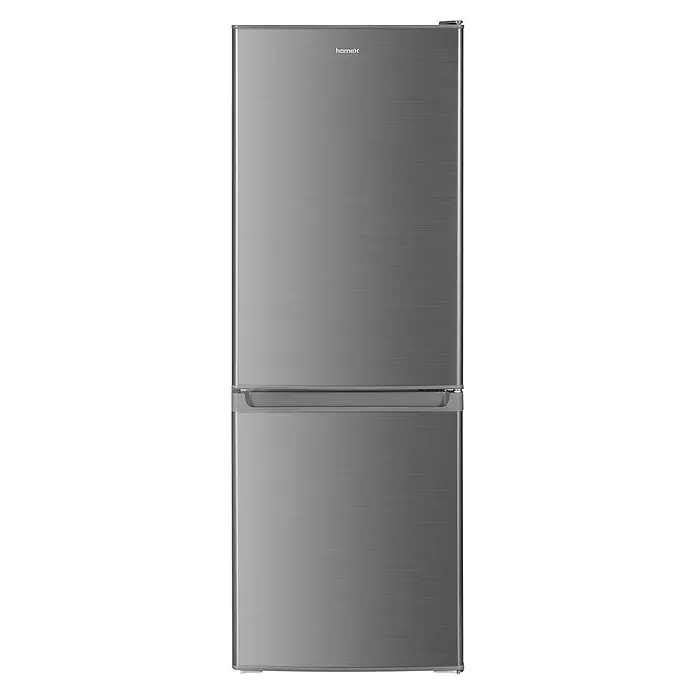homeX Kühl-Gefrierkombination CFS1110-S - Nutzinhalt Gesamt: 173 l, 56 cm x 495 mm x 1.425 mm, Silber - Silberner zweitüriger Kühlschrank mit Gefrierfach unten und gebürsteter Metalloberfläche.