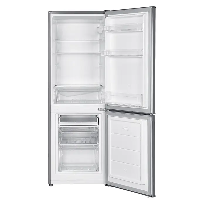 homeX Kühl-Gefrierkombination CFS1110-S - Nutzinhalt Gesamt: 173 l, 56 cm x 495 mm x 1.425 mm, Silber - Silber-graue Kühl-Gefrier-Kombination mit geöffneten Türen, die den weißen Innenraum, klare Ablagen und Gefrierschubladen zeigen.