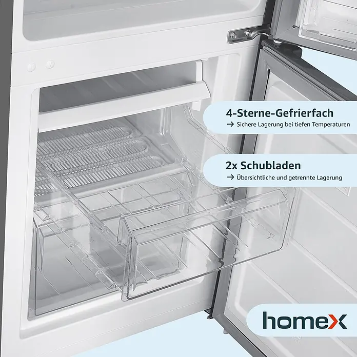 homeX Kühl-Gefrierkombination CFS1110-S - Nutzinhalt Gesamt: 173 l, 56 cm x 495 mm x 1.425 mm, Silber - Gefrierfach mit zwei transparenten Schubladen zur übersichtlichen Lagerung.
