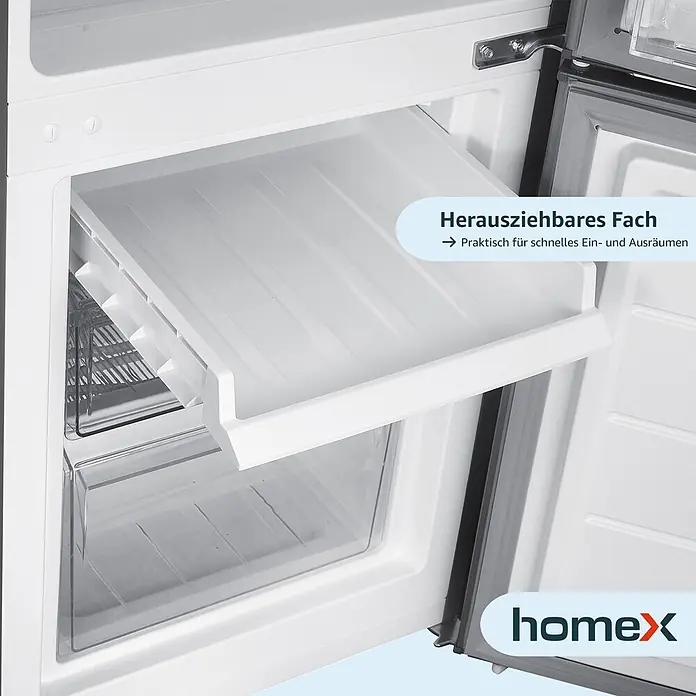 homeX Kühl-Gefrierkombination CFS1110-S - Nutzinhalt Gesamt: 173 l, 56 cm x 495 mm x 1.425 mm, Silber - Weißes, ausziehbares Fach im Kühlschrank für schnelles Ein- und Ausräumen.