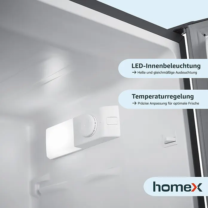 homeX Kühl-Gefrierkombination CFS1110-S - Nutzinhalt Gesamt: 173 l, 56 cm x 495 mm x 1.425 mm, Silber - Weißer Kühlschrank-Innenraum mit heller LED-Beleuchtung und Temperaturregler, inklusive homex-Logo.