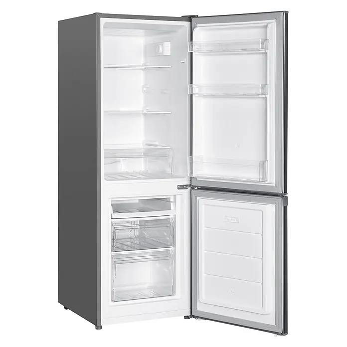 homeX Kühl-Gefrierkombination CFS1110-S - Nutzinhalt Gesamt: 173 l, 56 cm x 495 mm x 1.425 mm, Silber - Grauer zweitüriger Kühlschrank mit geöffneten Türen, der transparente Ablagen, Schubladen und Türfächer im Kühl- und Gefrierfach zeigt.