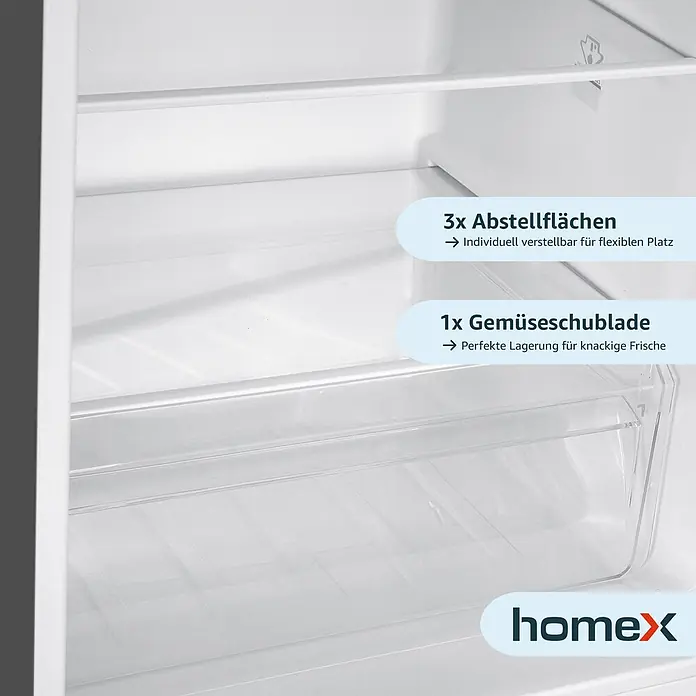 homeX Kühl-Gefrierkombination CFS1110-S - Nutzinhalt Gesamt: 173 l, 56 cm x 495 mm x 1.425 mm, Silber - Innenansicht eines weißen Kühlschranks mit drei verstellbaren Ablagen und einer transparenten Gemüseschublade.