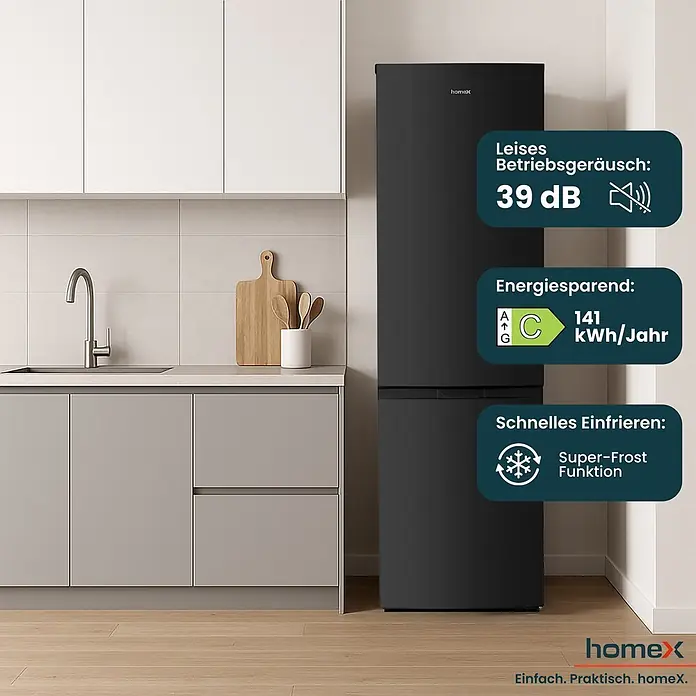 homeX Kühl-Gefrierkombination CFSN2531C-B - Nutzinhalt Gesamt: 253 l, 61,6 cm x 545 mm x 1.810 mm, Schwarz - Schwarzer freistehender Kühlschrank in moderner Küche. Bietet 39 dB leisen Betrieb, 141 kWh/Jahr Energieeffizienz (C) und Super-Frost Funktion.