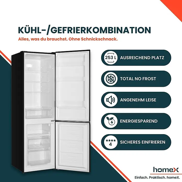 homeX Kühl-Gefrierkombination CFSN2531C-B - Nutzinhalt Gesamt: 253 l, 61,6 cm x 545 mm x 1.810 mm, Schwarz - Schwarze Kühl-Gefrierkombination mit offenen Türen, sichtbarem Innenraum und Feature-Highlights.