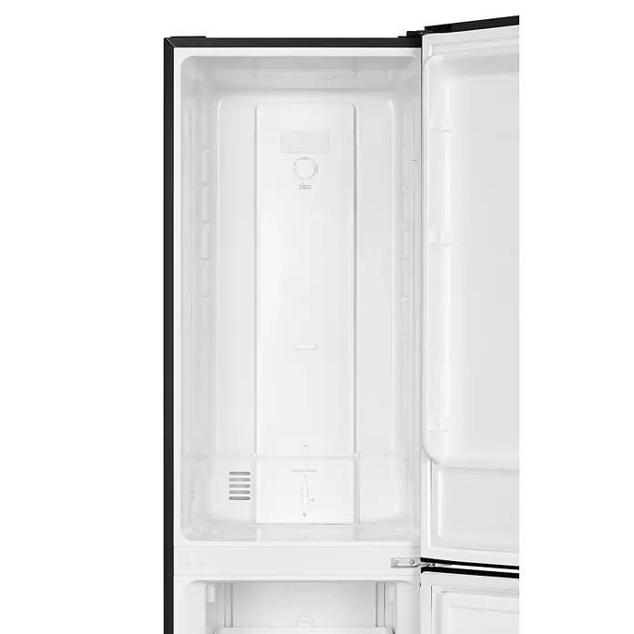 homeX Kühl-Gefrierkombination CFSN2531C-B - Nutzinhalt Gesamt: 253 l, 61,6 cm x 545 mm x 1.810 mm, Schwarz - Leerer weißer Kühlschrankinnenraum mit offener Tür, zeigt Temperaturregler und Gefrierfach-Schieberegler.