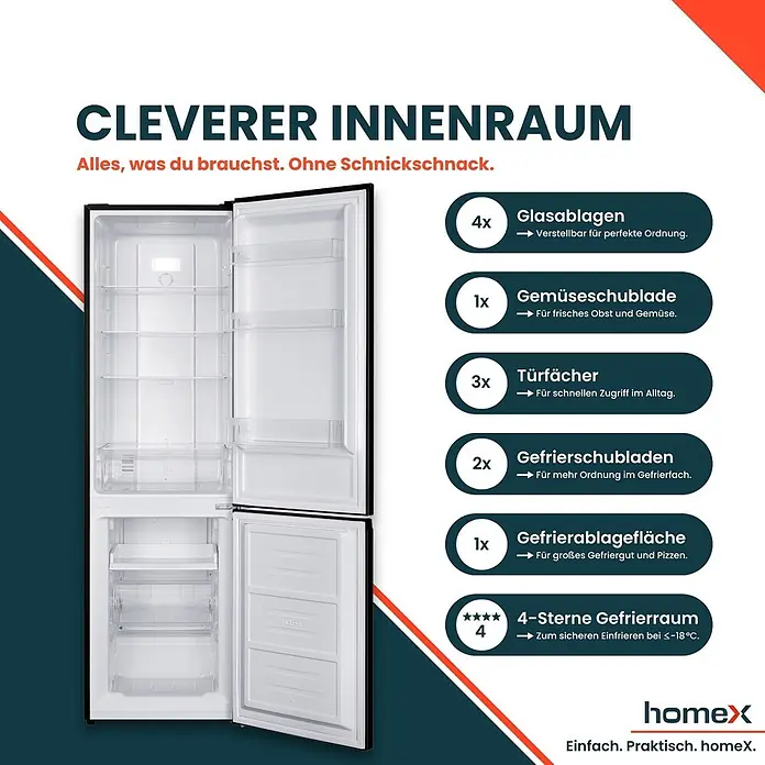 homeX Kühl-Gefrierkombination CFSN2531C-B - Nutzinhalt Gesamt: 253 l, 61,6 cm x 545 mm x 1.810 mm, Schwarz - Offene schwarz-weiße Kühl-Gefrierkombination mit Glasböden, Gemüseschublade und Gefrierfächern zur organisierten Lagerung.