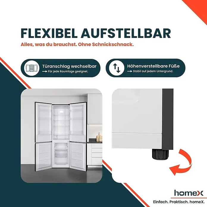 homeX Kühl-Gefrierkombination CFSN2531C-B - Nutzinhalt Gesamt: 253 l, 61,6 cm x 545 mm x 1.810 mm, Schwarz - Schwarz-weißer Side-by-Side Kühlschrank mit offenen Türen. Mit wechselbarem Türanschlag und höhenverstellbaren Füßen für flexible Aufstellung.