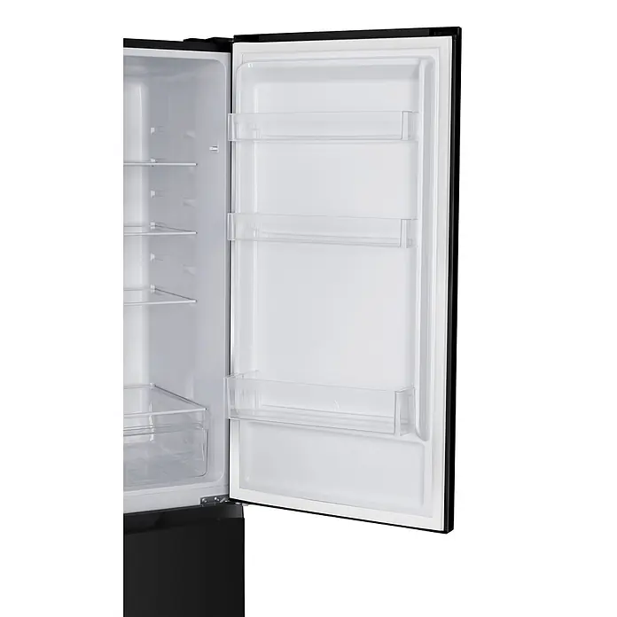 homeX Kühl-Gefrierkombination CFSN2531C-B - Nutzinhalt Gesamt: 253 l, 61,6 cm x 545 mm x 1.810 mm, Schwarz - Offener schwarzer Kühlschrank mit weißer Innenausstattung, transparenten Türfächern und Einlegeböden.