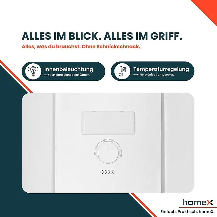 homeX Kühl-Gefrierkombination CFSN2531C-B - Nutzinhalt Gesamt: 253 l, 61,6 cm x 545 mm x 1.810 mm, Schwarz - Weißes Kühlschrank-Bedienfeld mit Temperaturregler (Aus-Kalt bis Kältest), sowie Symbolen für Innenbeleuchtung und Temperaturregelung.