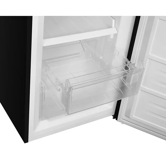 homeX Kühl-Gefrierkombination CFSN2531C-B - Nutzinhalt Gesamt: 253 l, 61,6 cm x 545 mm x 1.810 mm, Schwarz - Weißer Kühlschrank-Innenraum mit transparenten Gefrierschubladen aus Kunststoff. Schwarze Außenseite sichtbar.