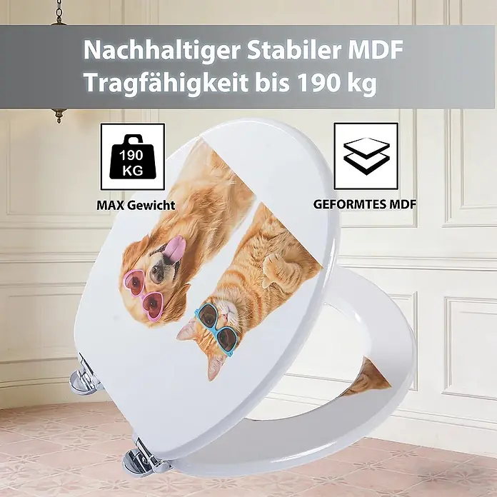 SAINOS WC-Sitz MDF WC-Sitz, Gelb, Universal-O-Form, Absenkautomatik, Unten - MDF, Gelb, Mit Absenkautomatik - Weißer MDF-Toilettensitz mit aufgedrucktem Hund und Katze mit Sonnenbrillen, betont stabile Konstruktion und 190 kg Tragfähigkeit.