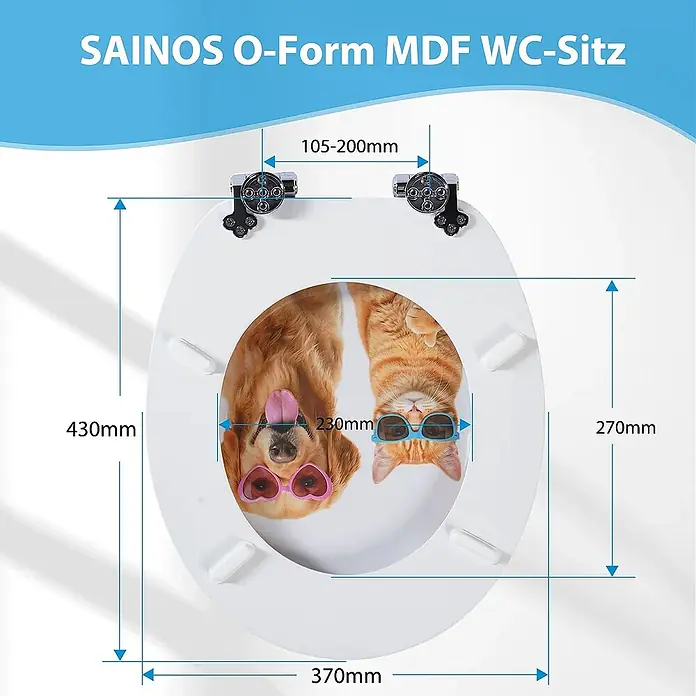 SAINOS WC-Sitz MDF WC-Sitz, Gelb, Universal-O-Form, Absenkautomatik, Unten - MDF, Gelb, Mit Absenkautomatik - Weißer O-Form MDF WC-Sitz: 430x370mm, Scharnier 105-200mm, Innenöffnung 270x230mm. Mit umgedrehtem Hund & Katze mit Sonnenbrillen.