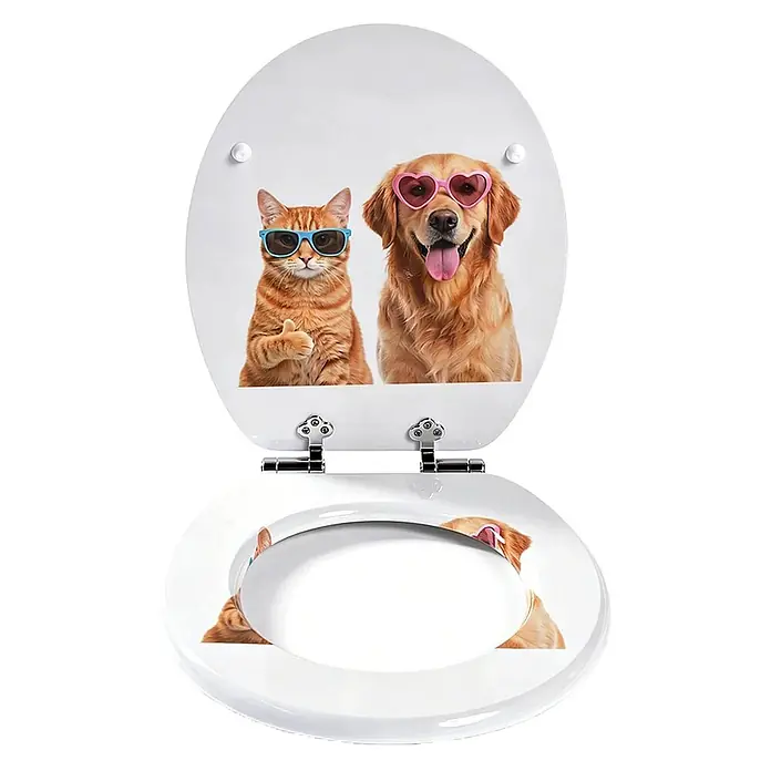 SAINOS WC-Sitz MDF WC-Sitz, Gelb, Universal-O-Form, Absenkautomatik, Unten - MDF, Gelb, Mit Absenkautomatik - Weißer Toilettensitz mit Aufdruck einer coolen Katze mit Daumen hoch und einem Golden Retriever, beide mit Sonnenbrille.