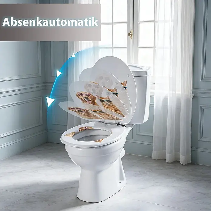 SAINOS WC-Sitz MDF WC-Sitz, Gelb, Universal-O-Form, Absenkautomatik, Unten - MDF, Gelb, Mit Absenkautomatik - Weißer Toilettensitz mit Haustieren mit Sonnenbrillen auf dem Deckel, der die Absenkautomatik in einem modernen Badezimmer demonstriert.