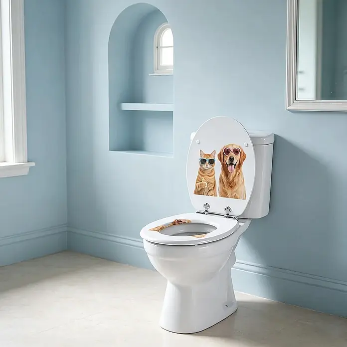 SAINOS WC-Sitz MDF WC-Sitz, Gelb, Universal-O-Form, Absenkautomatik, Unten - MDF, Gelb, Mit Absenkautomatik - Toilette mit einem dekorativen Deckel, der eine Katze und einen Hund mit Sonnenbrillen zeigt. Der Sitz hat auch ein passendes Designelement.