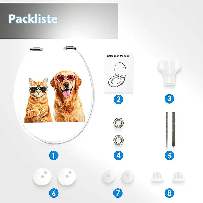 SAINOS WC-Sitz MDF WC-Sitz, Gelb, Universal-O-Form, Absenkautomatik, Unten - MDF, Gelb, Mit Absenkautomatik - Weißer Toilettensitz mit Katze-Hund-Sonnenbrillen-Design und Montagezubehör zur Installation.