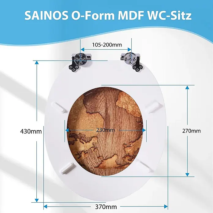 SAINOS WC-Sitz MDF WC-Sitz, Braun, Universal-O-Form, Absenkautomatik, Unten - MDF, Braun, Mit Absenkautomatik - Weißer O-förmiger MDF WC-Sitz mit Holzoptik-Weltkartendesign innen, Maße angezeigt.