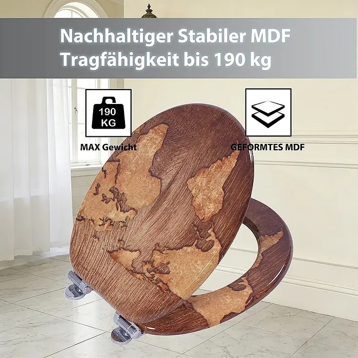 SAINOS WC-Sitz MDF WC-Sitz, Braun, Universal-O-Form, Absenkautomatik, Unten - MDF, Braun, Mit Absenkautomatik - Geformter MDF Toilettensitz mit Weltkarten-Design, nachhaltig und stabil, bis 190 kg belastbar.