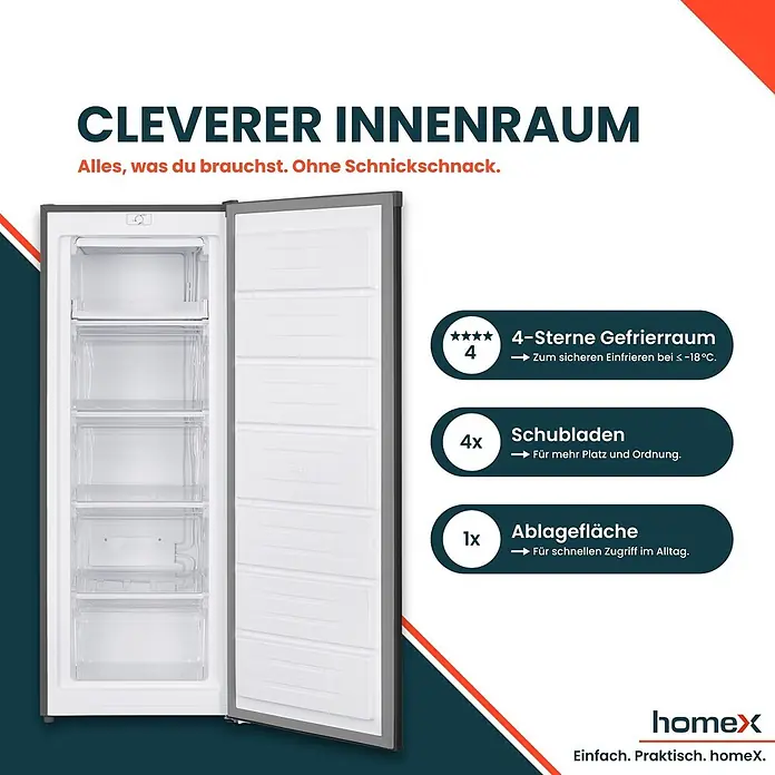 homeX Tiefkühlschrank FS1682E-S - Nutzinhalt Gesamt: 168 l, 57,5 cm x 545 mm x 1.425 mm, Weiß