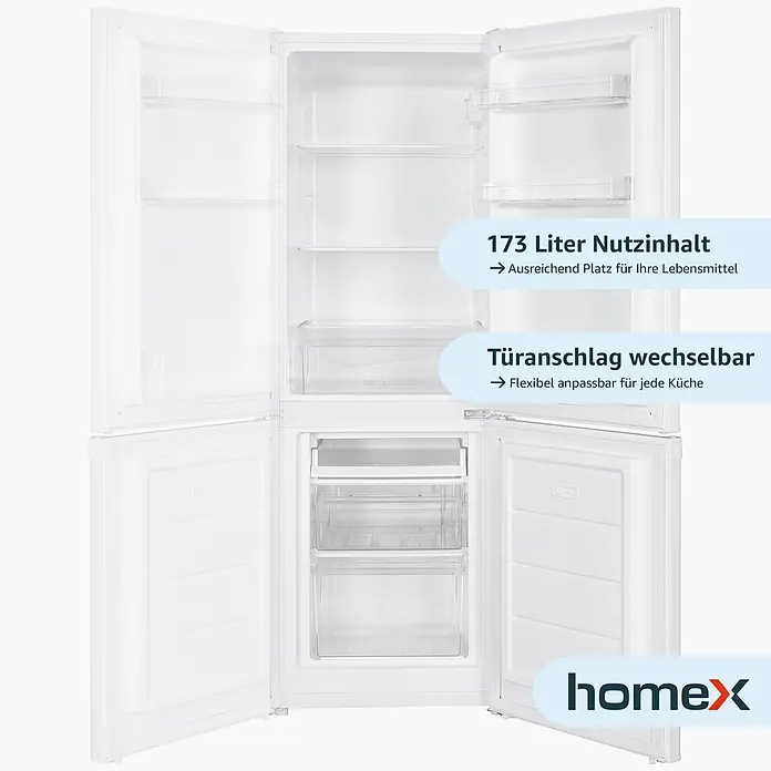 homeX Kühl-Gefrierkombination CFS1110-W - Nutzinhalt Gesamt: 173 l, 56 cm x 495 mm x 1.425 mm, Weiß - Weiße Kühl-Gefrierkombination mit geöffneten Türen, die transparente Ablagen und Schubladen im Kühl- und Gefrierteil zeigen.