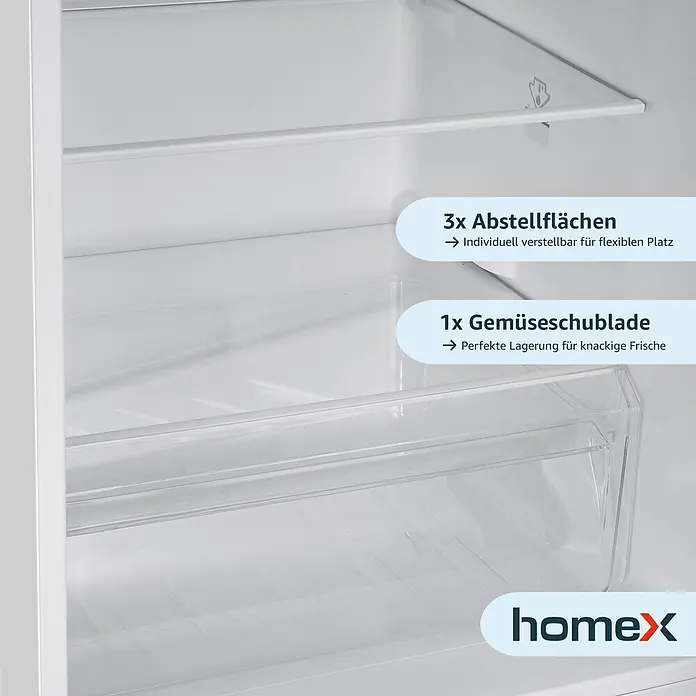 homeX Kühl-Gefrierkombination CFS1110-W - Nutzinhalt Gesamt: 173 l, 56 cm x 495 mm x 1.425 mm, Weiß - Weißer Kühlschrank-Innenraum mit 3 verstellbaren Glasablagen und 1 Gemüseschublade.