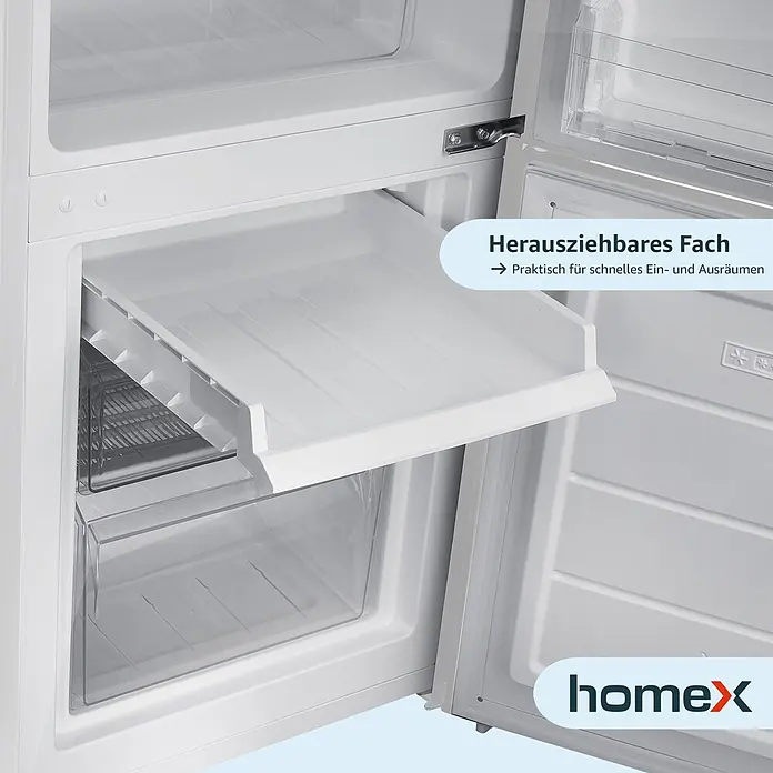 homeX CFS1110-W -  - Innenansicht eines weißen Kühlschranks mit einem teilweise ausgezogenen Plastikfach und darunterliegendem Stauraum.