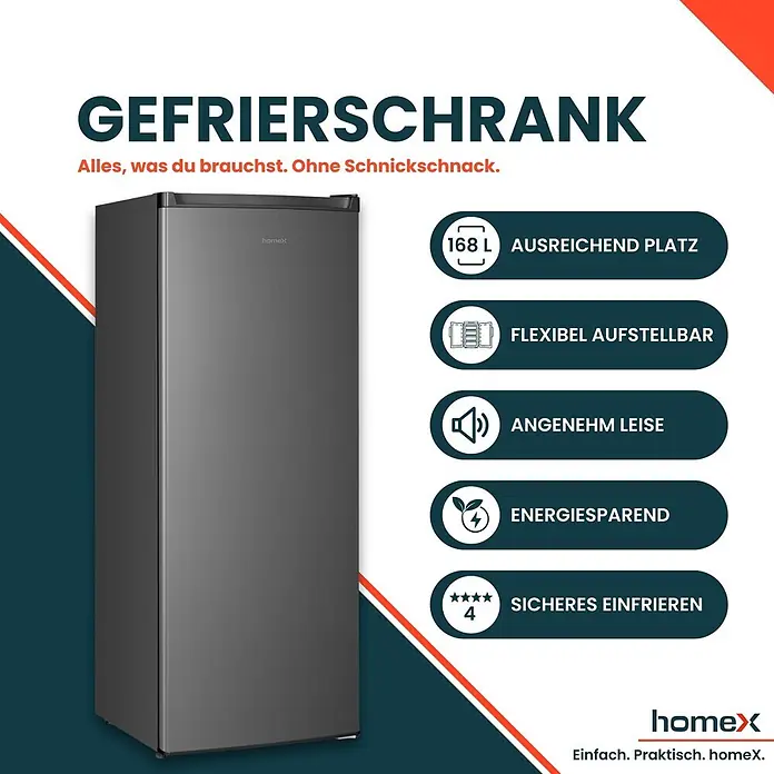 homeX Tiefkühlschrank FS1682E-S - Nutzinhalt Gesamt: 168 l, 57,5 cm x 545 mm x 1.425 mm, Weiß