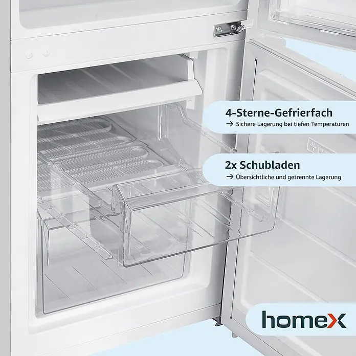 homeX CFS1110-W -  - Weißer Kühlschrank-Gefrierteil mit 4-Sterne-Fach und zwei transparenten Schubladen für geordnete Lagerung.
