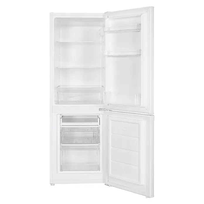 homeX CFS1110-W -  - Weißer Kühlschrank mit offener Kühl- und Gefriertür, zeigt transparente Fächer und Schubladen.