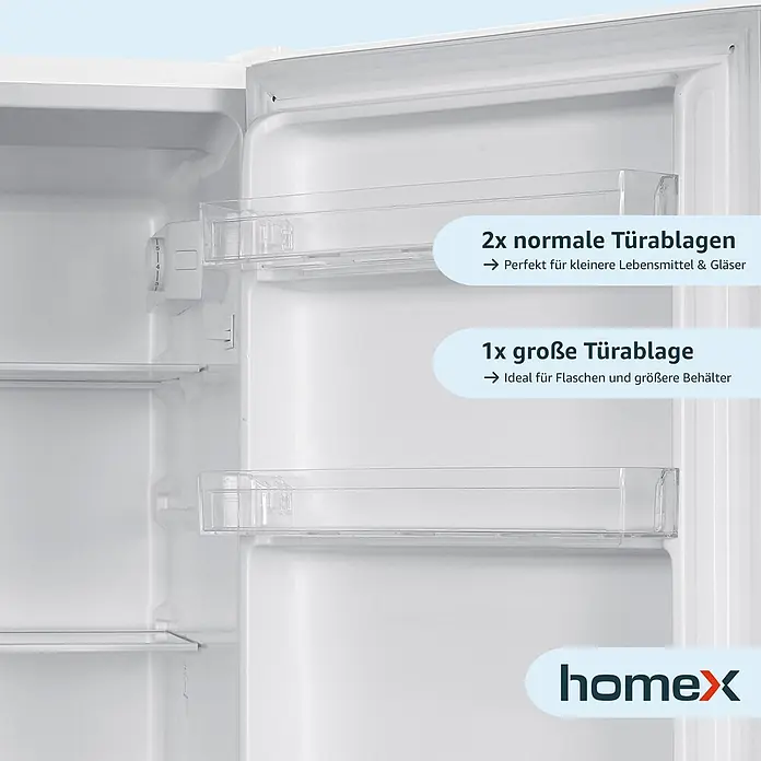 homeX CFS1110-W -  - Weiße Kühlschranktür innen mit transparenten Kunststoffablagen für Lebensmittel, Flaschen und Gläser.