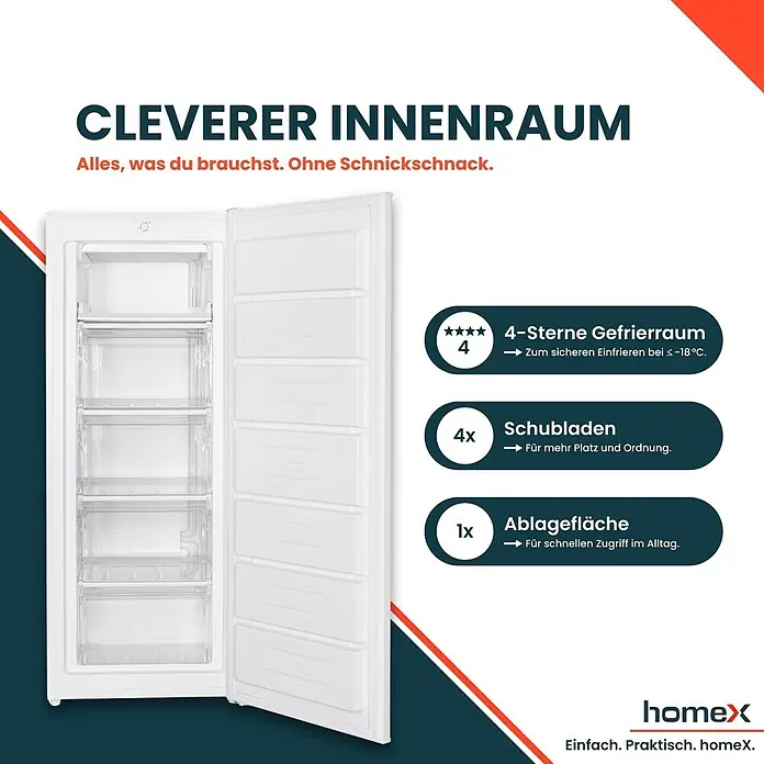homeX Tiefkühlschrank FS1682E-W - Nutzinhalt Gesamt: 168 l, 57,5 cm x 545 mm x 1.425 mm, Weiß